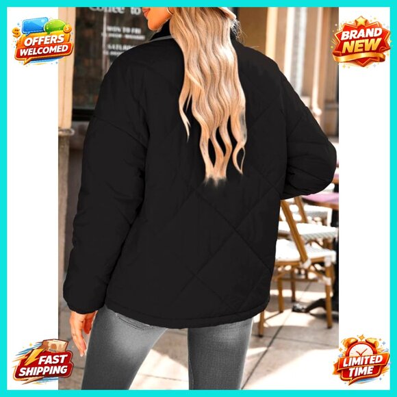 Quilted Puffer Jacket Casual Oversized Chic Winter Outerwear Snap Front - Picture 4 of 6